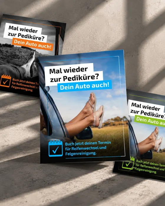Motive der Kampagne „Mal wieder zur Pediküre? Dein Auto auch!“
